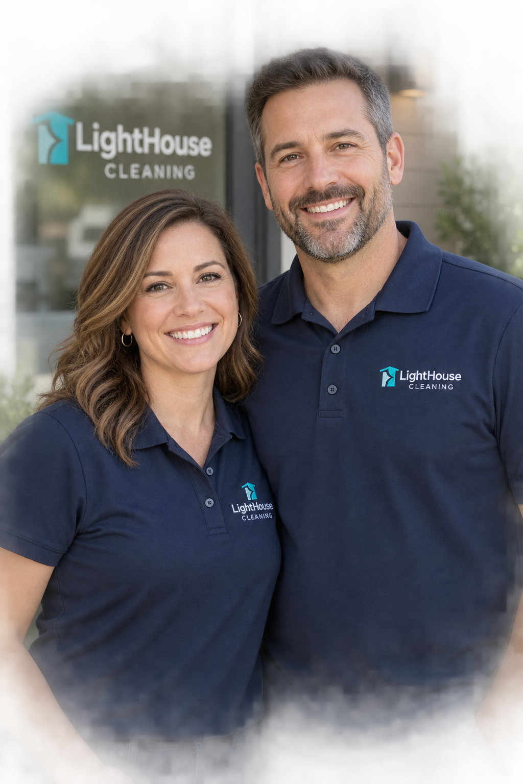 Professional cleaning team couple in navy uniforms outside a clean home