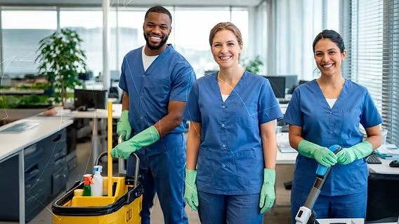 Professional cleaning team in uniform at an office