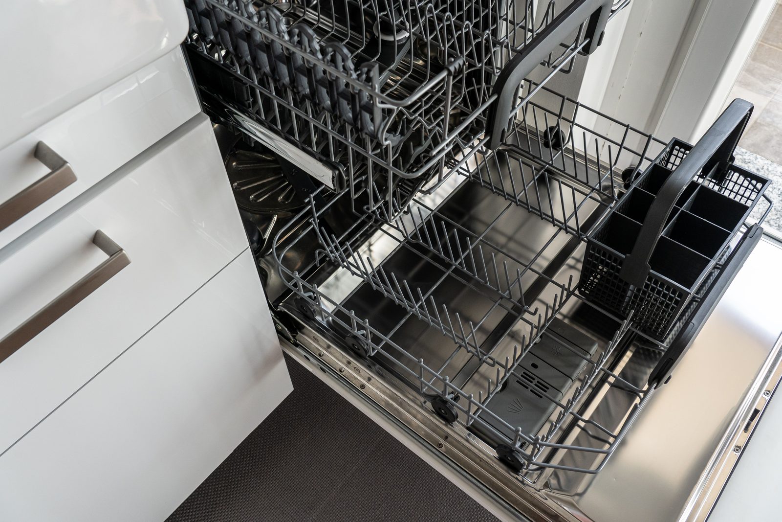 Open dishwasher for kitchen add-on cleaning