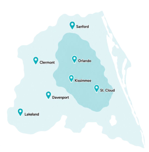 Central Florida service area map with Orlando, Kissimmee, Sanford, Clermont, Davenport, Lakeland, and St. Cloud